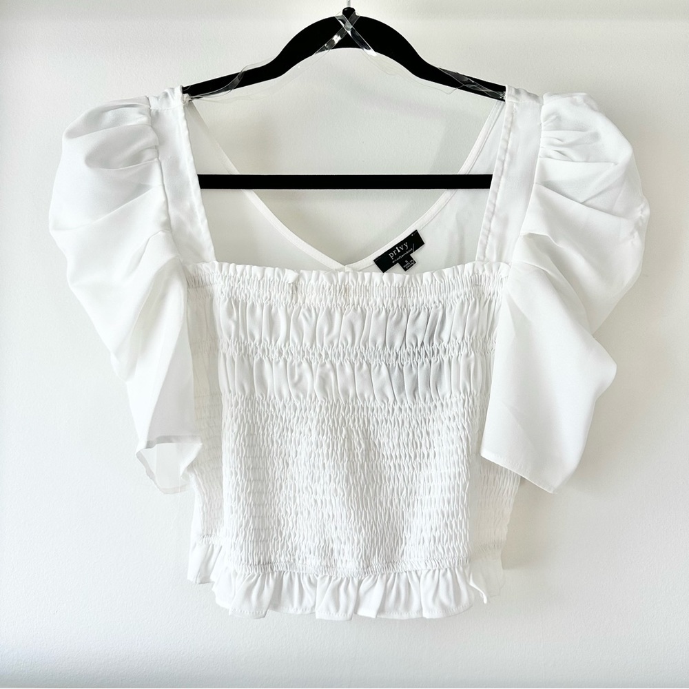 Privy Ivory Smocked Puff Shoulder Top